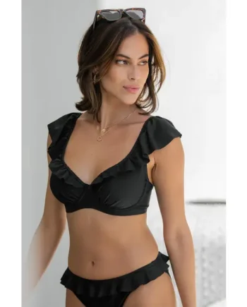 Bermuda Underwired Non-Padded Frill Bikini Top - Black