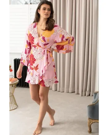Luxe Woven Frill Detail Dressing Gown - Pink Floral