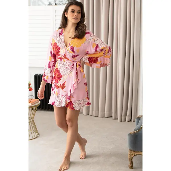 Luxe Woven Frill Detail Dressing Gown - Pink Floral
