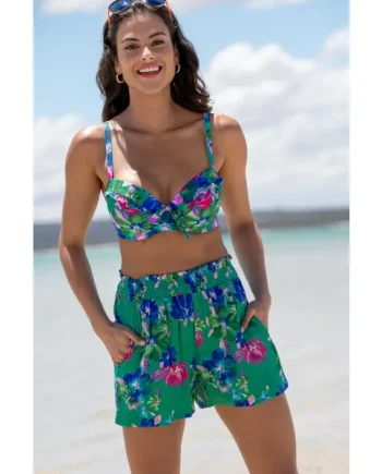 Shirred Waist Woven Beach Short - Green Floral