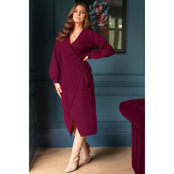 Elle Knit Midi Wrap Dress - Berry