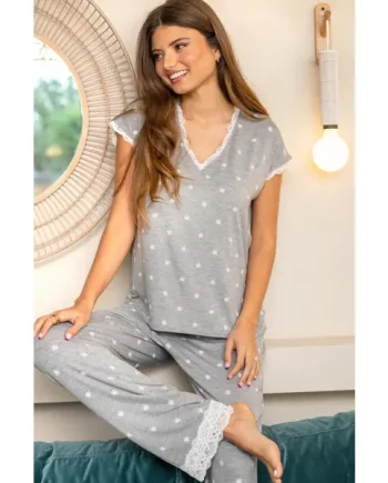 Sofa Loves Lace T-Shirt and Trouser Pyjama Set - Grey/White