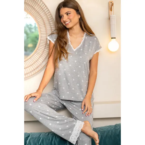 Sofa Loves Lace T-Shirt and Trouser Pyjama Set - Grey/White