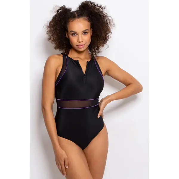 Energy Chlorine Resistant High Neck Zip Front Swimsuit - Black/Purple