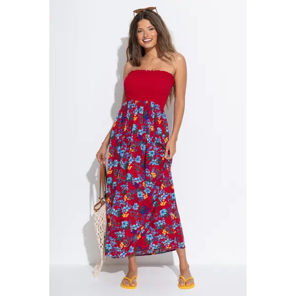 Emma Strapless Shirred Bodice Maxi Beach Dress - Red Floral