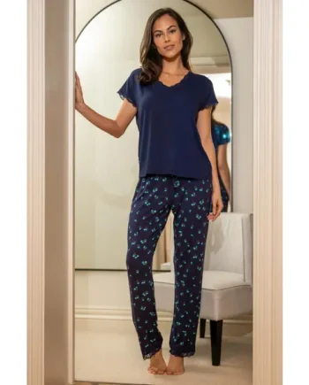 Sofa Loves Lace T-Shirt and Trouser Pyjama Set - Navy/Blue Floral