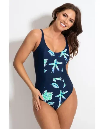 Scoop Neck Panelled Tummy Control Swimsuit - Navy Floral