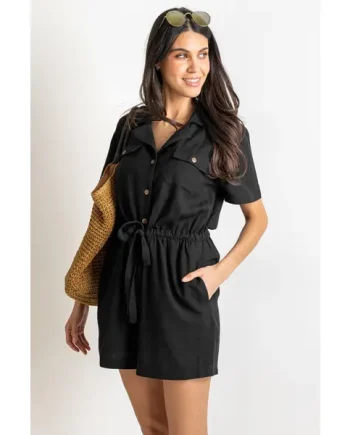 Paige Textured Woven Utility Playsuit - Black
