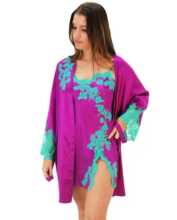Marjolaine Tentation Silk and French Lace Short Robe Orchid