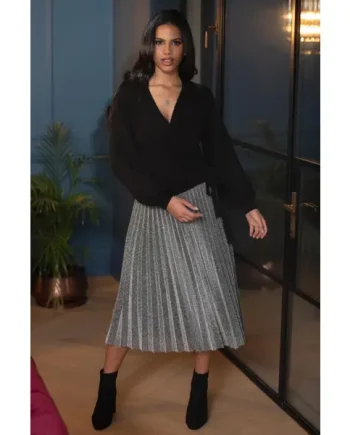 Nina Lame Pleated Midi Skirt - Gunmetal