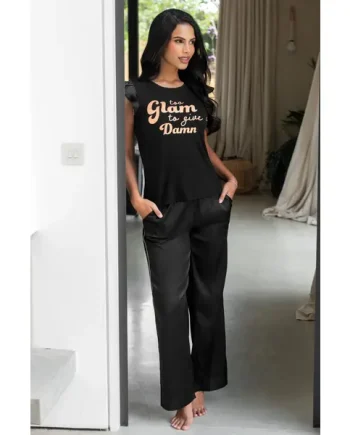 Satin Jersey Glam T-Shirt Pyjama Set - Black/Rose Gold