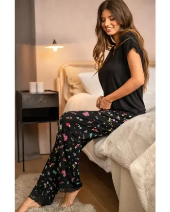 Sofa Loves Lace T-Shirt and Trouser Pyjama Set - Black Floral