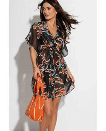 Knotted Front Lurex Stripe Chiffon Kaftan - Black Floral