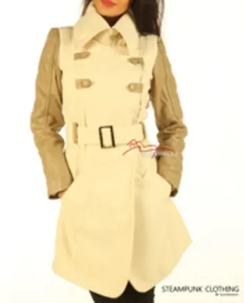 Clearance Ladies Soft Wool Coat With Full Grain Leather Sleeves