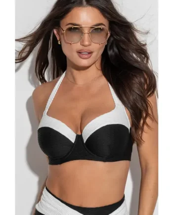 Acapulco Textured Halterneck Underwired Padded Bikini Top - Black/White
