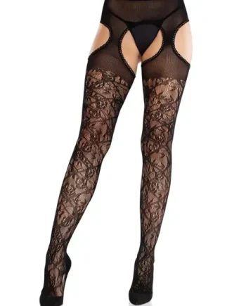 Leg Avenue Cross Hatch Floral Lace Suspender Tights