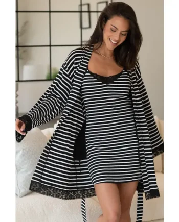 Ribbed Cotton Jersey Stripe Lace Trim Gown - Black/White