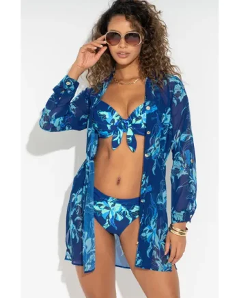 Chiffon Button Through Beach Shirt - Navy Floral