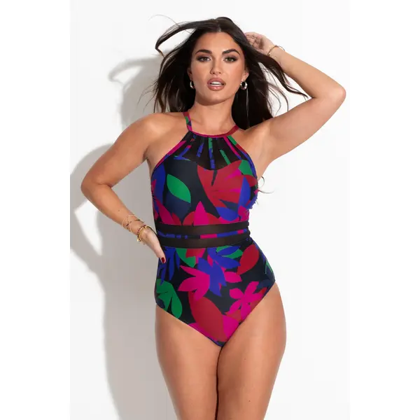 Beach Bound High-Neck Swimsuit - Black Multi