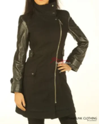 Ladies Black Leather Wool Coat With Full Grain Leather Arm Sleeves Tight Fit
