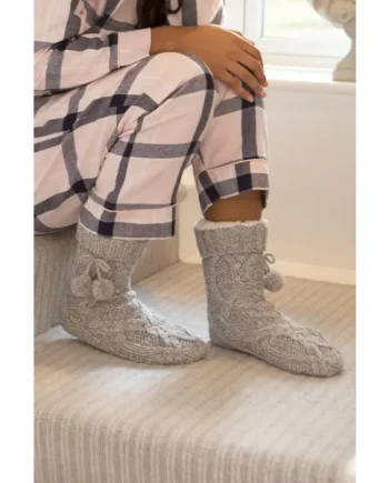 Cosy Cable Knit Lined Slipper Sock - Grey