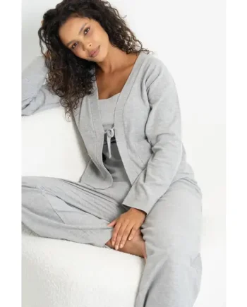 Waffle Tie Front 3 Piece Lounge Pyjama Set - Grey