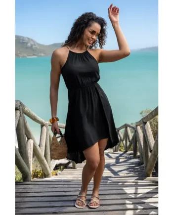 Amber Gold Chain High Neck Beach Dress - Black