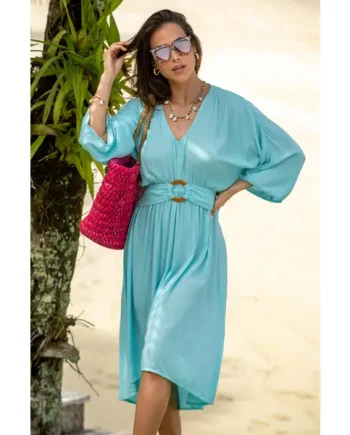 Crinkle O-Ring Midi Beach Kaftan - Aqua