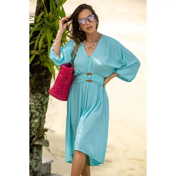 Crinkle O-Ring Midi Beach Kaftan - Aqua
