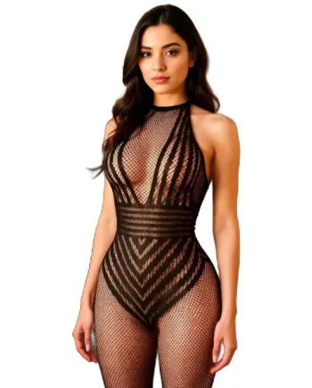Striped Fishnet Halter Bodysuit – Backless, Bold & Beautiful