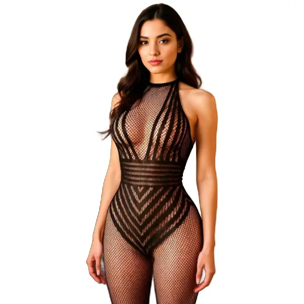 Striped Fishnet Halter Bodysuit – Backless, Bold & Beautiful