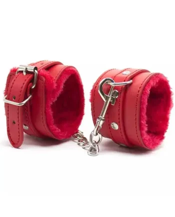 Leather handcuffs with fluff red