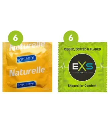 12 Mixed Condoms (6 x Pasante Naturelle & 6 x EXS Ribbed, Dotted)