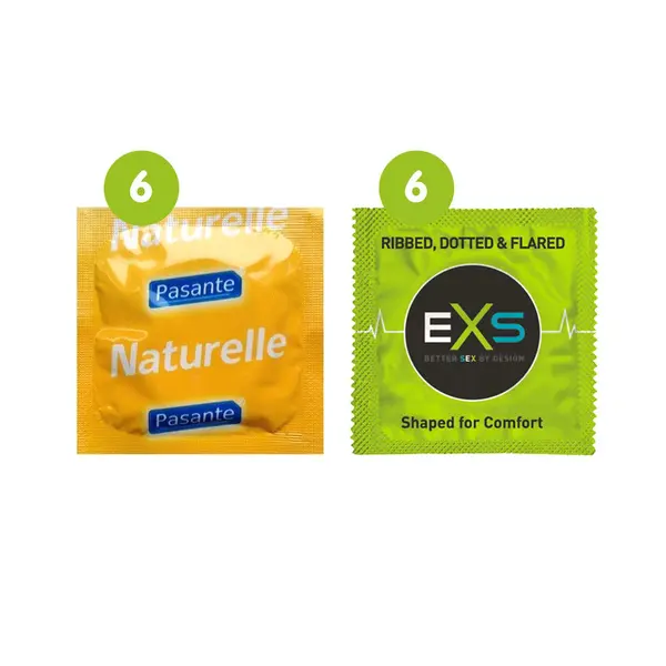 12 Mixed Condoms (6 x Pasante Naturelle & 6 x EXS Ribbed, Dotted)