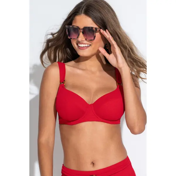 Hawaii Textured Underwired Non Padded Bikini Top - Red