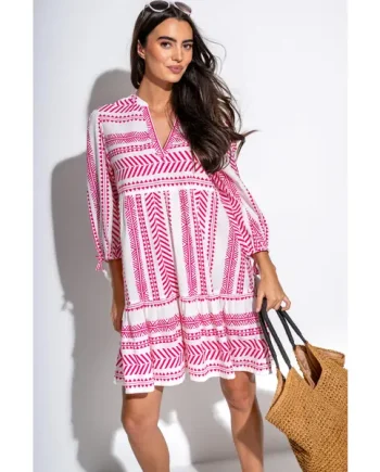 Claire Linen Blend Beach Kaftan Dress - White/Pink