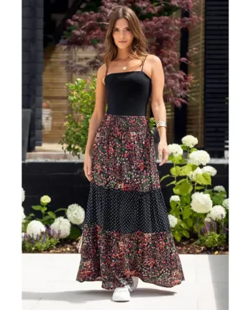 Tahlia Tiered Woven Maxi Skirt - Black Floral