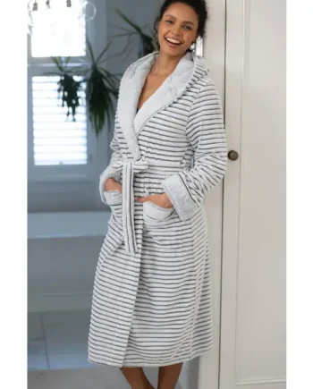 Cosy Ribbed Fleece Midi Hooded Dressing Gown - Grey