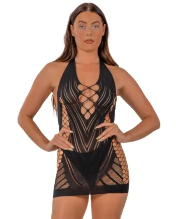 Lace by LJ Halter Neck Dress with Faux Lace Up Front Black