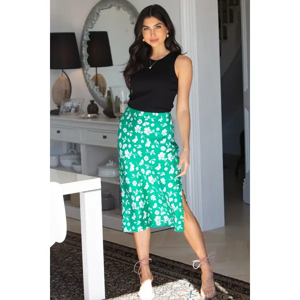 Margot Woven Midi Slip Skirt - Green Floral