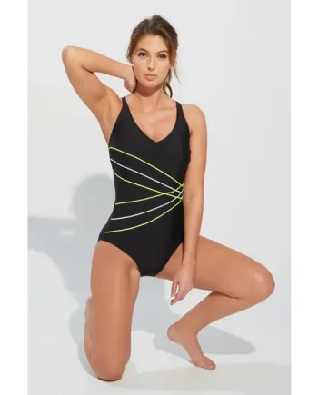 Energy Chlorine Resistant V-Neck Linear Swimsuit - Black/Lime