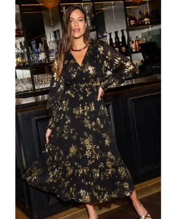 Michaela Jacquard Chiffon Frill Midaxi Dress - Black/Gold