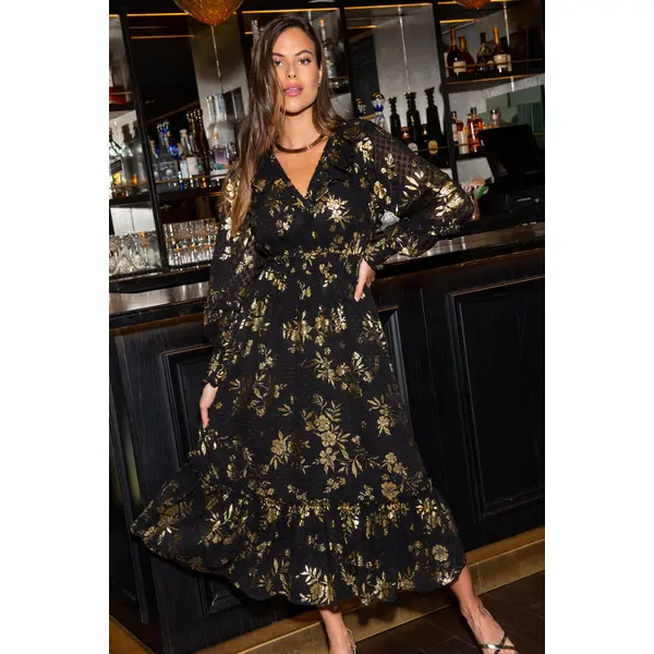 Michaela Jacquard Chiffon Frill Midaxi Dress - Black/Gold
