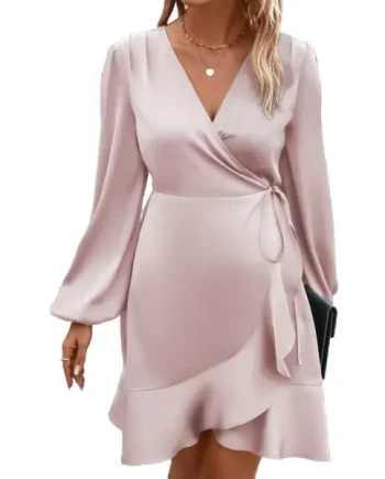 Lantern Sleeve Tie Side Wrap Satin Dress