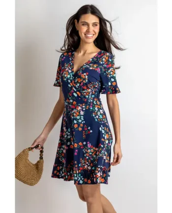 Birdie Stretch Viscose Jersey Wrap Front Dress - Navy Multi Floral