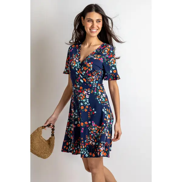 Birdie Stretch Viscose Jersey Wrap Front Dress - Navy Multi Floral