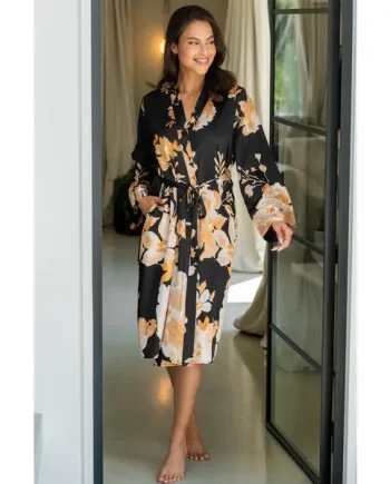 Dusk Printed Satin Midi Dressing Gown - Black/Gold