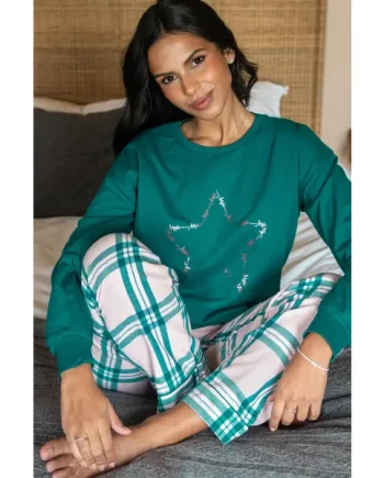Pour Moi Logo Sweatshirt Cosy Check Pyjama Set - Light Pink/Teal