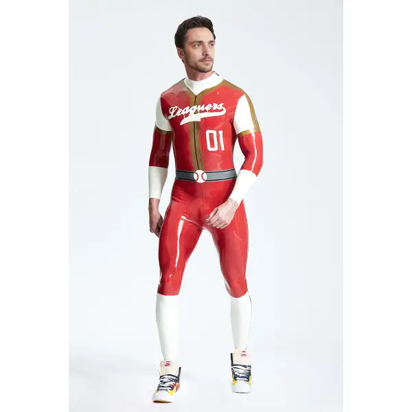 Latex Male Leaguers Baseball Look Shoulder Zip Catsuit