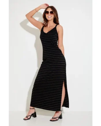 Jersey Plaited Straps Maxi Beach Dress - Black/Gold